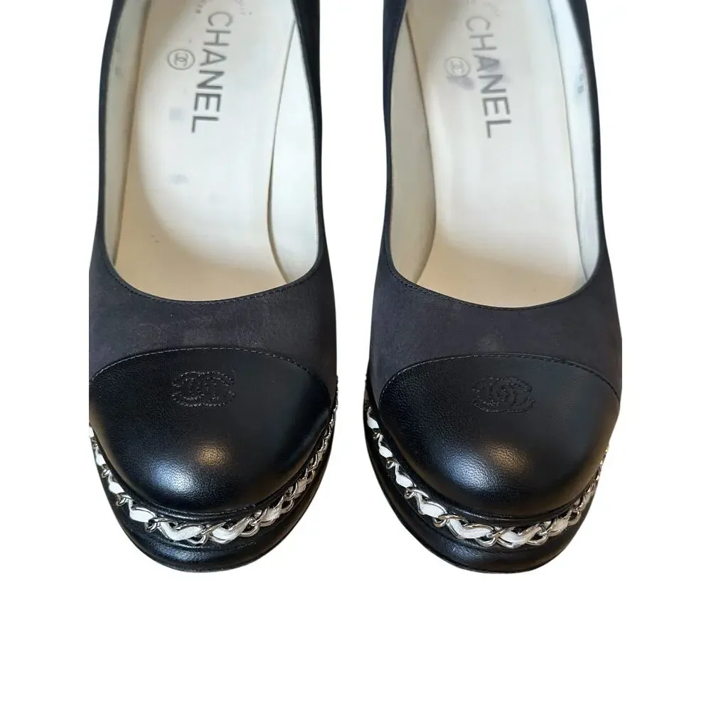 Chanel CC Cap Toe Chain Platform Pumps 39C Black 4” Heel G29068